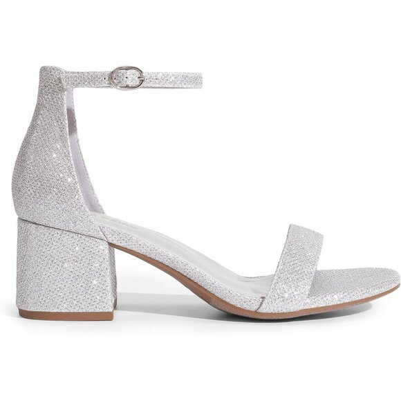 Dream Pairs Women's Silver/Glitter Chunky Block Heel Ankle Strap Sandals - Picture 2 of 8